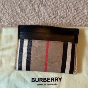 Burberry Beige Stripe Card Holder with Black and Red Accents